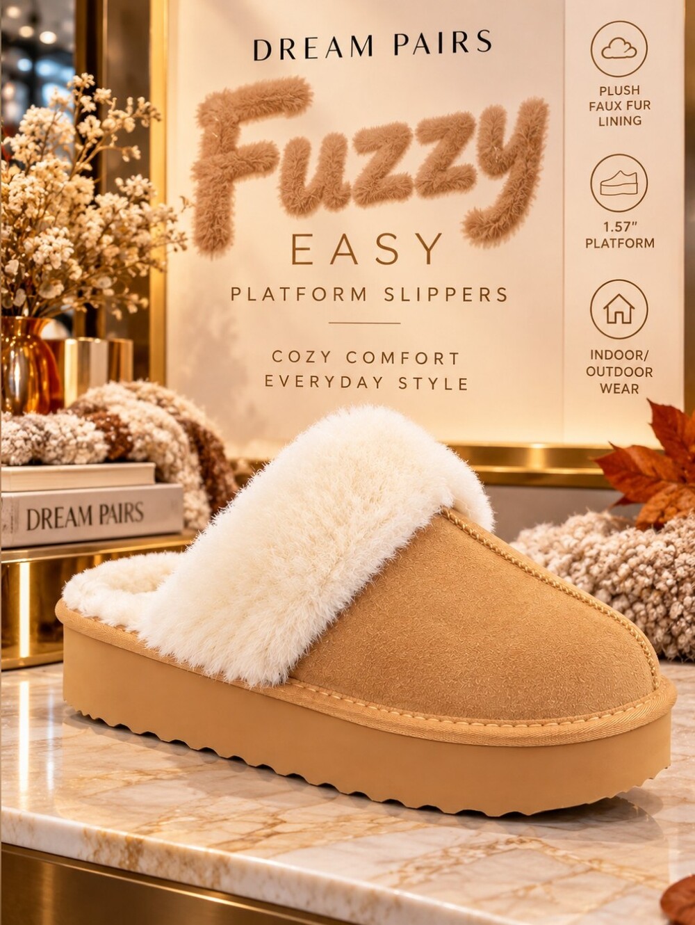 DREAM PAIRS FuzzyEasy Platform Slippers – Chestnut – Size 11 – NIB